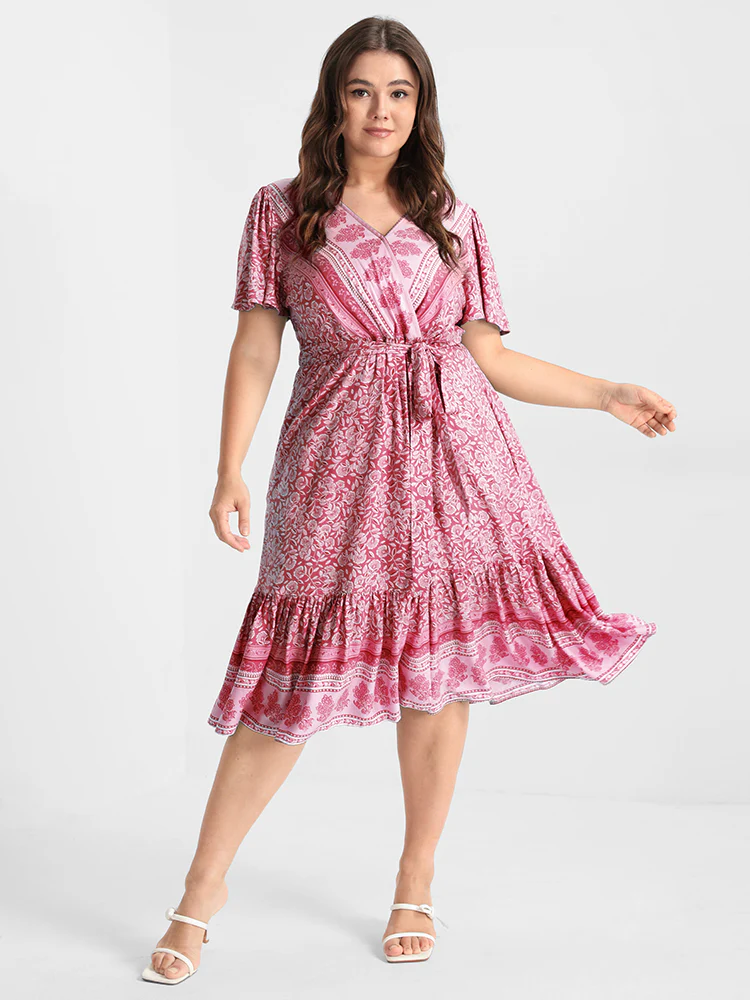 Ditsy Floral Ruffled Knotted Wrap Dress - Image 9