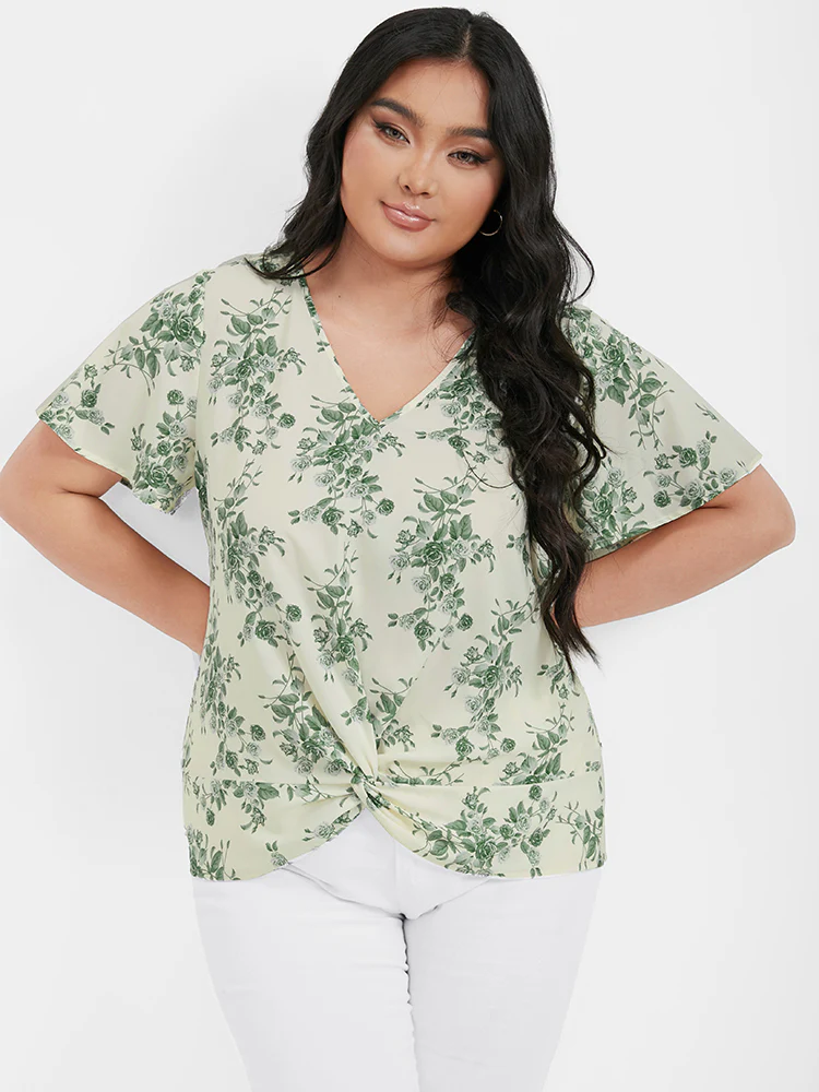 Ditsy Floral Twist-front Flutter V Neck Blouse - Image 3
