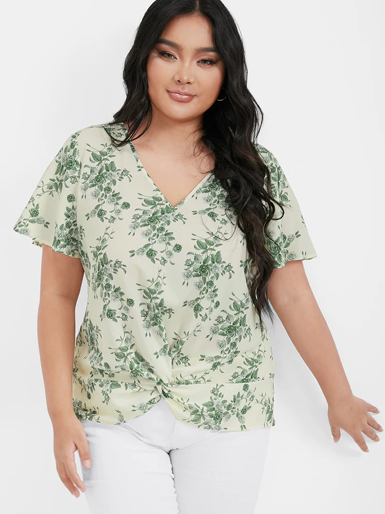 Ditsy Floral Twist-front Flutter V Neck Blouse - Image 4