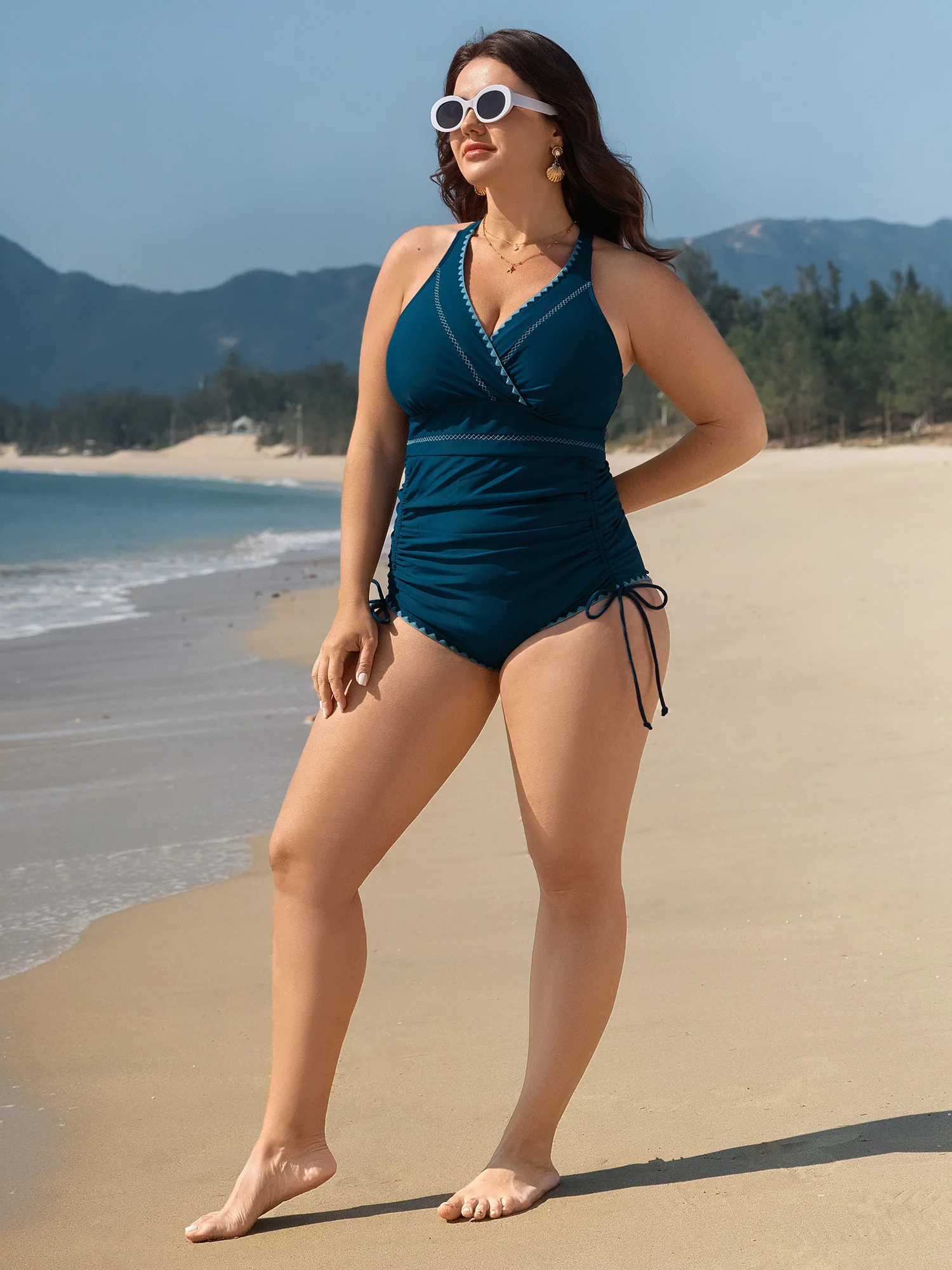 Embroidered Tummy-Control Pleated One-Piece Swimsuit - Image 4
