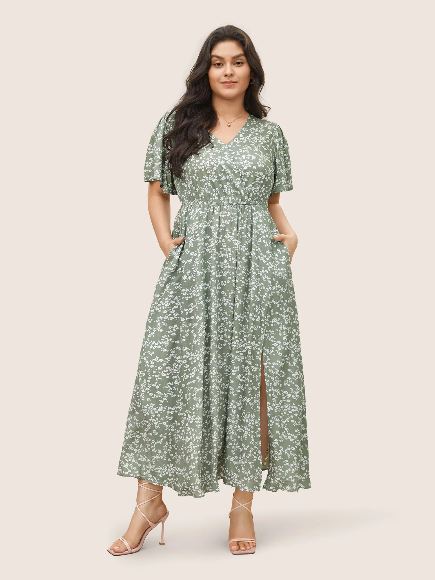 Bloom Dress - Flutter Sleeve Ditsy Floral Pocket Split Maxi Dress - Image 15