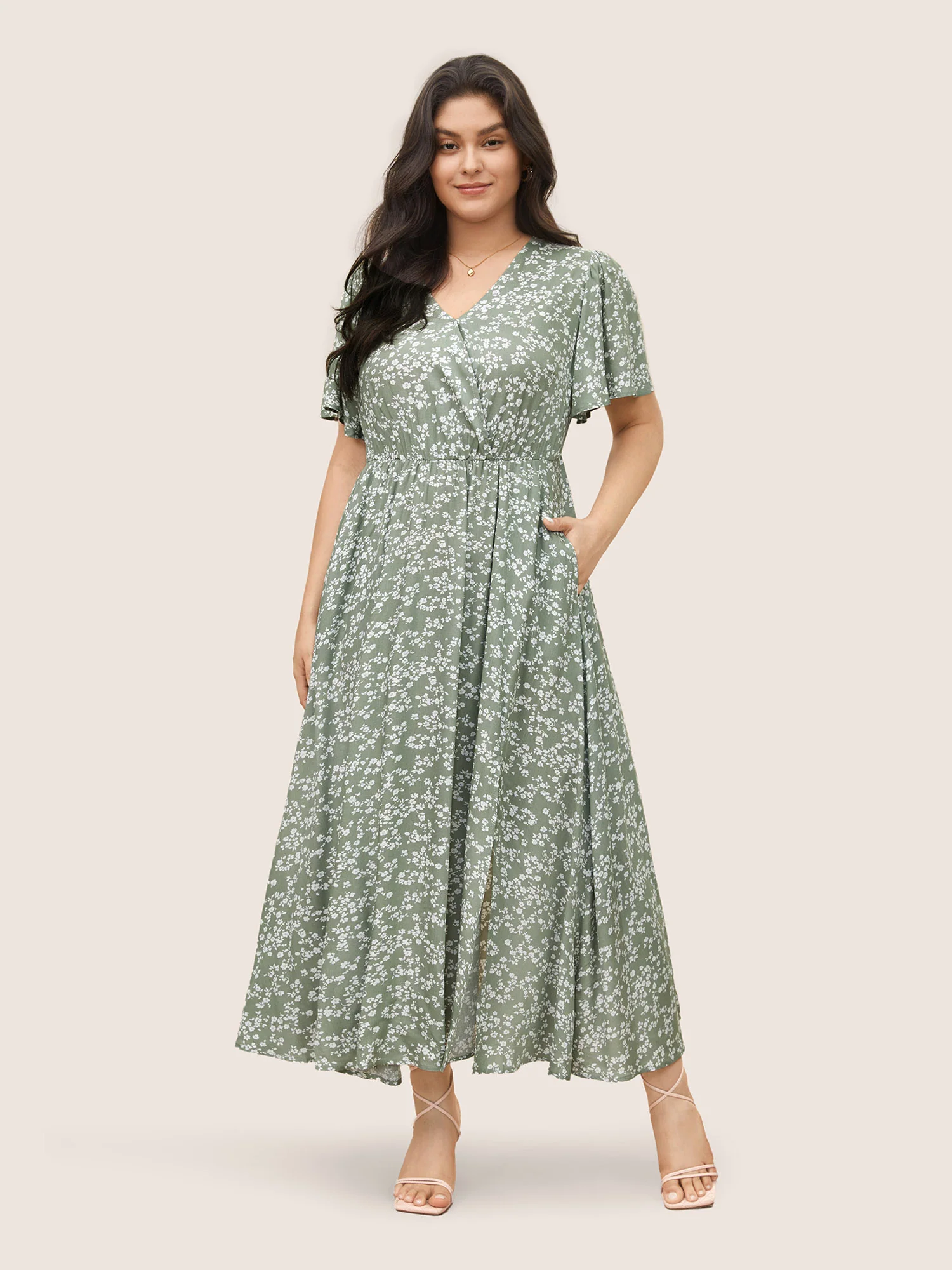 Bloom Dress - Flutter Sleeve Ditsy Floral Pocket Split Maxi Dress - Image 16