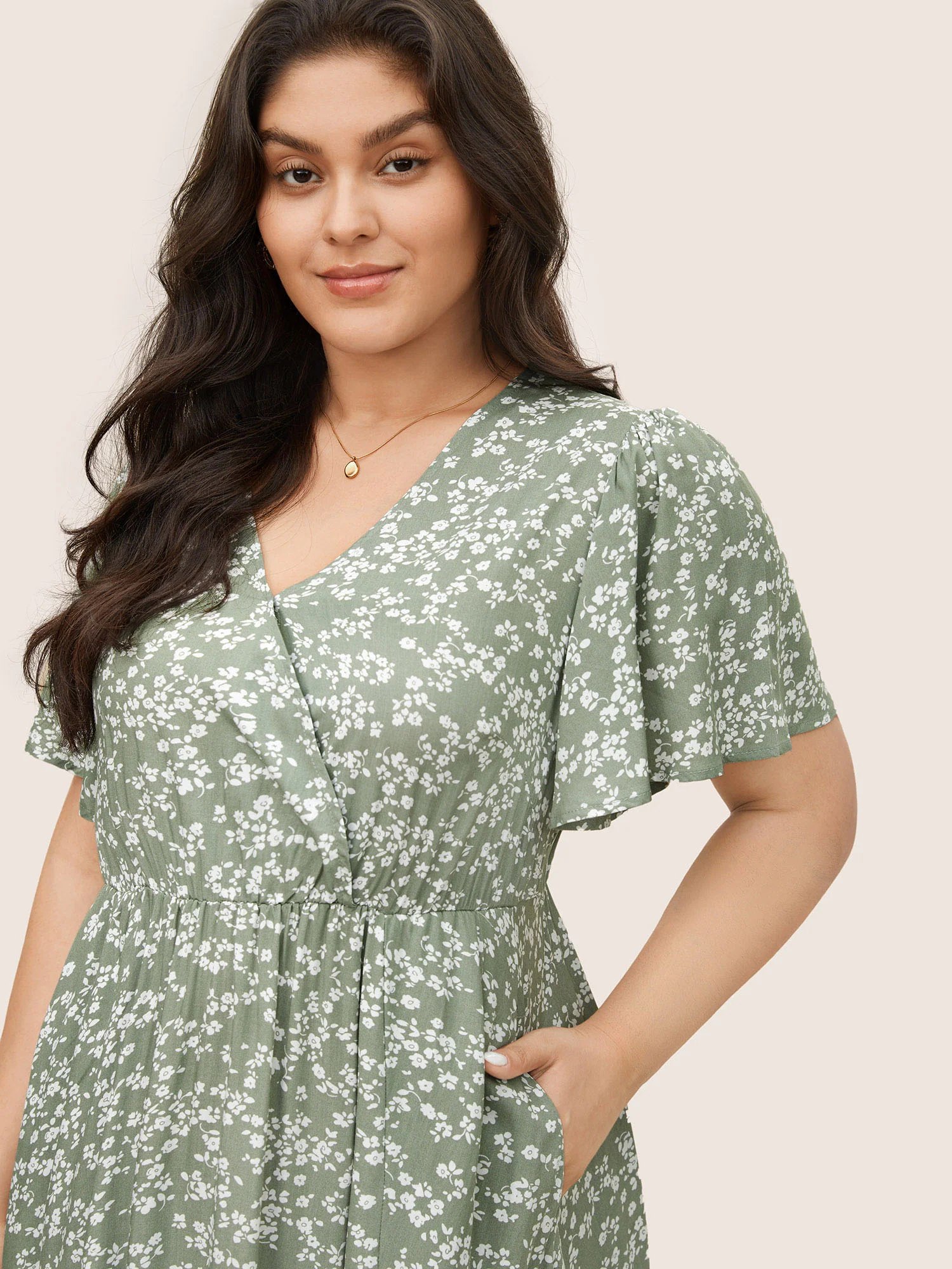 Bloom Dress - Flutter Sleeve Ditsy Floral Pocket Split Maxi Dress - Image 18