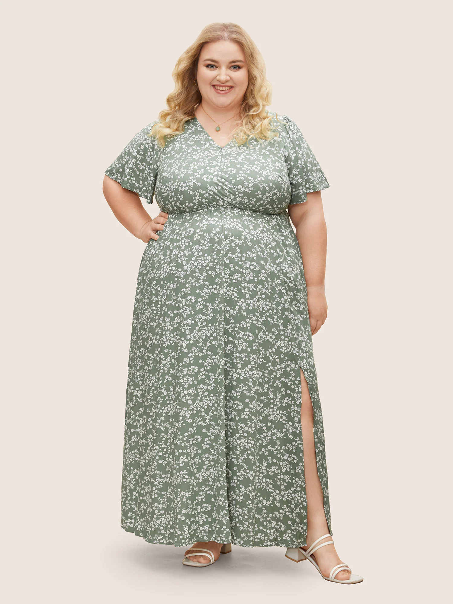 Bloom Dress - Flutter Sleeve Ditsy Floral Pocket Split Maxi Dress - Image 23