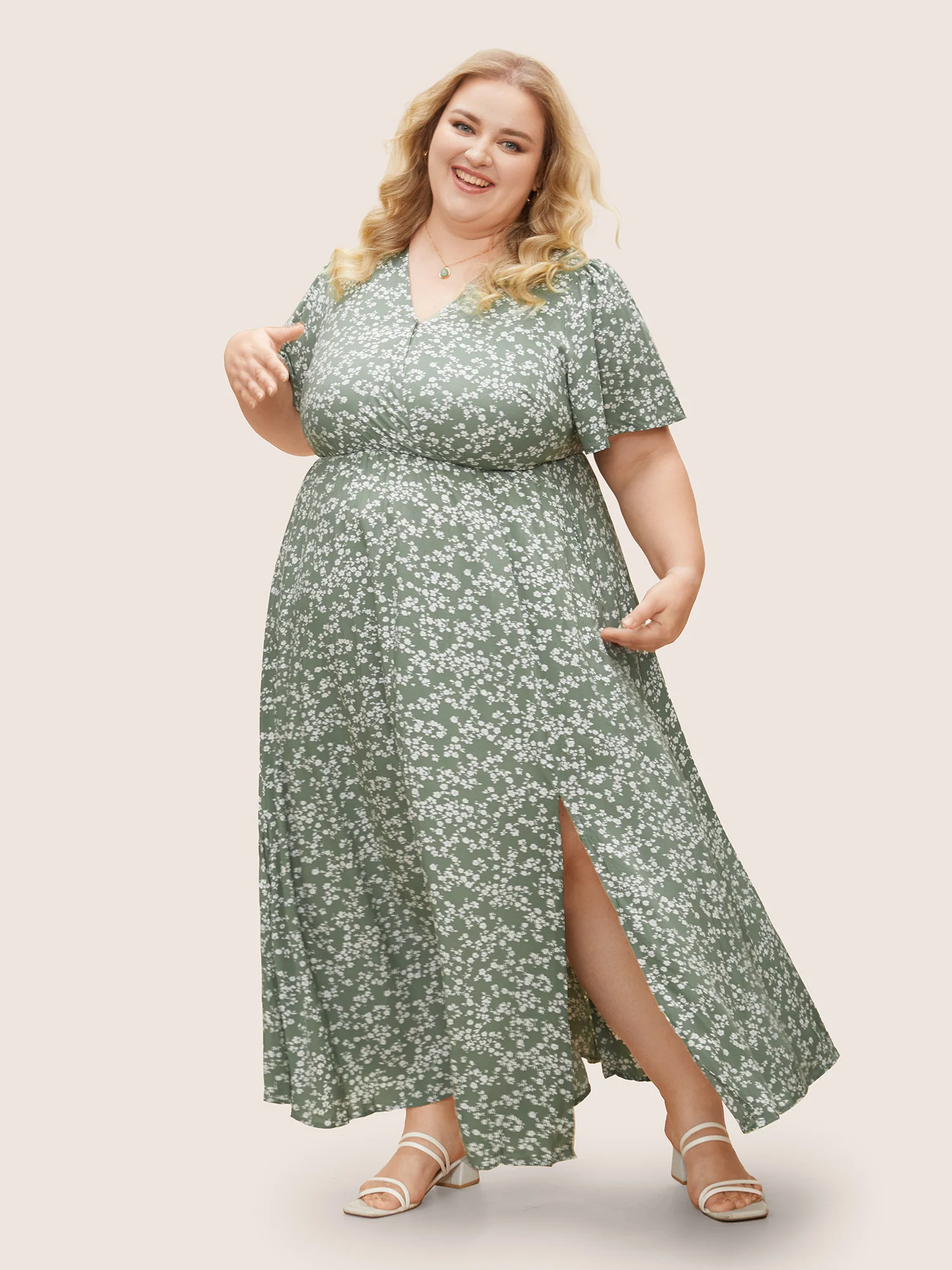 Bloom Dress - Flutter Sleeve Ditsy Floral Pocket Split Maxi Dress - Image 24