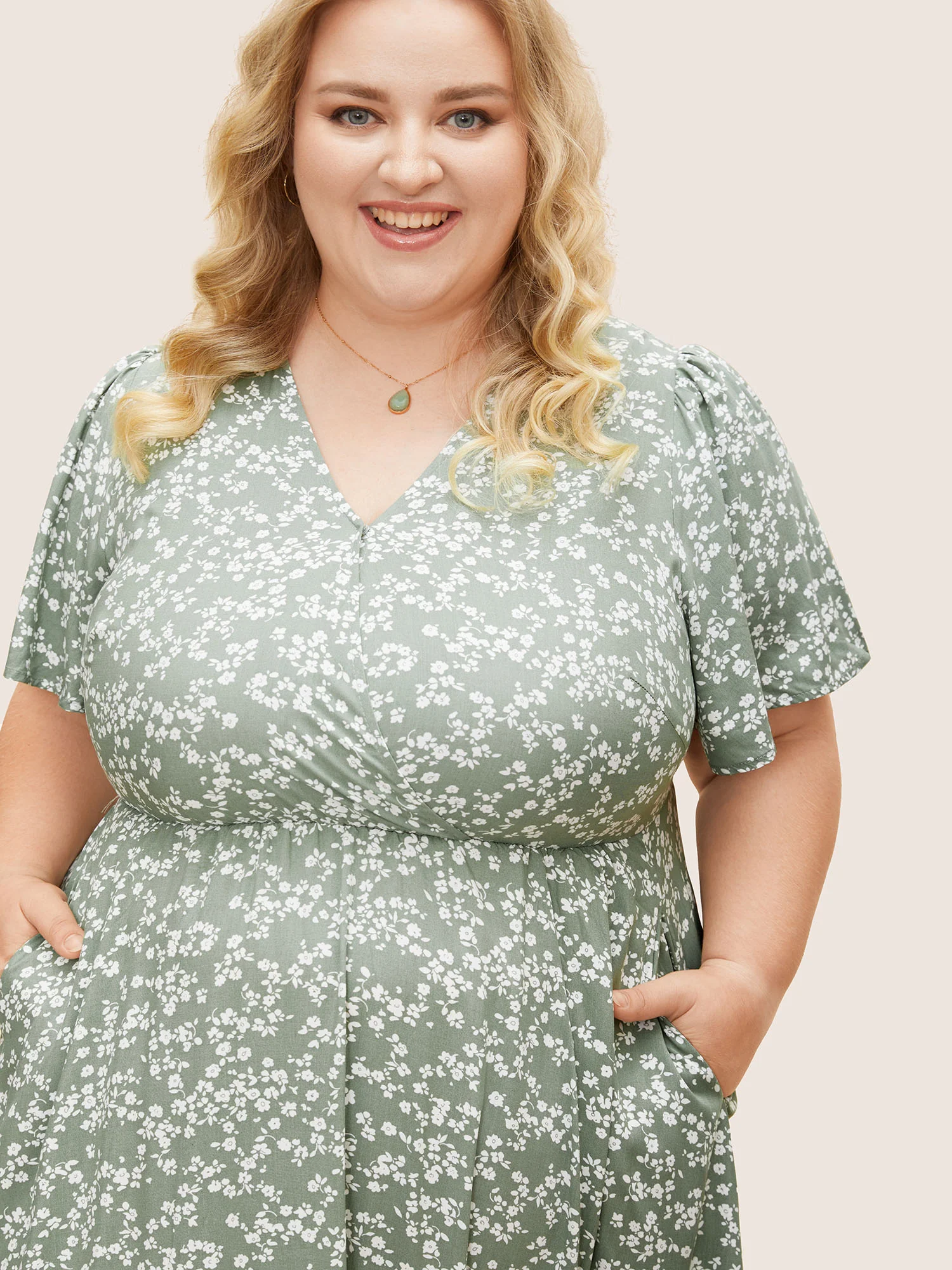 Bloom Dress - Flutter Sleeve Ditsy Floral Pocket Split Maxi Dress - Image 25