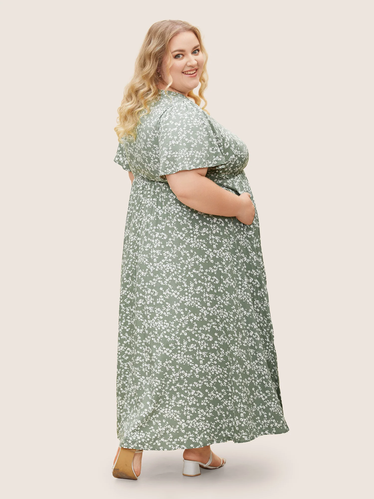 Bloom Dress - Flutter Sleeve Ditsy Floral Pocket Split Maxi Dress - Image 26