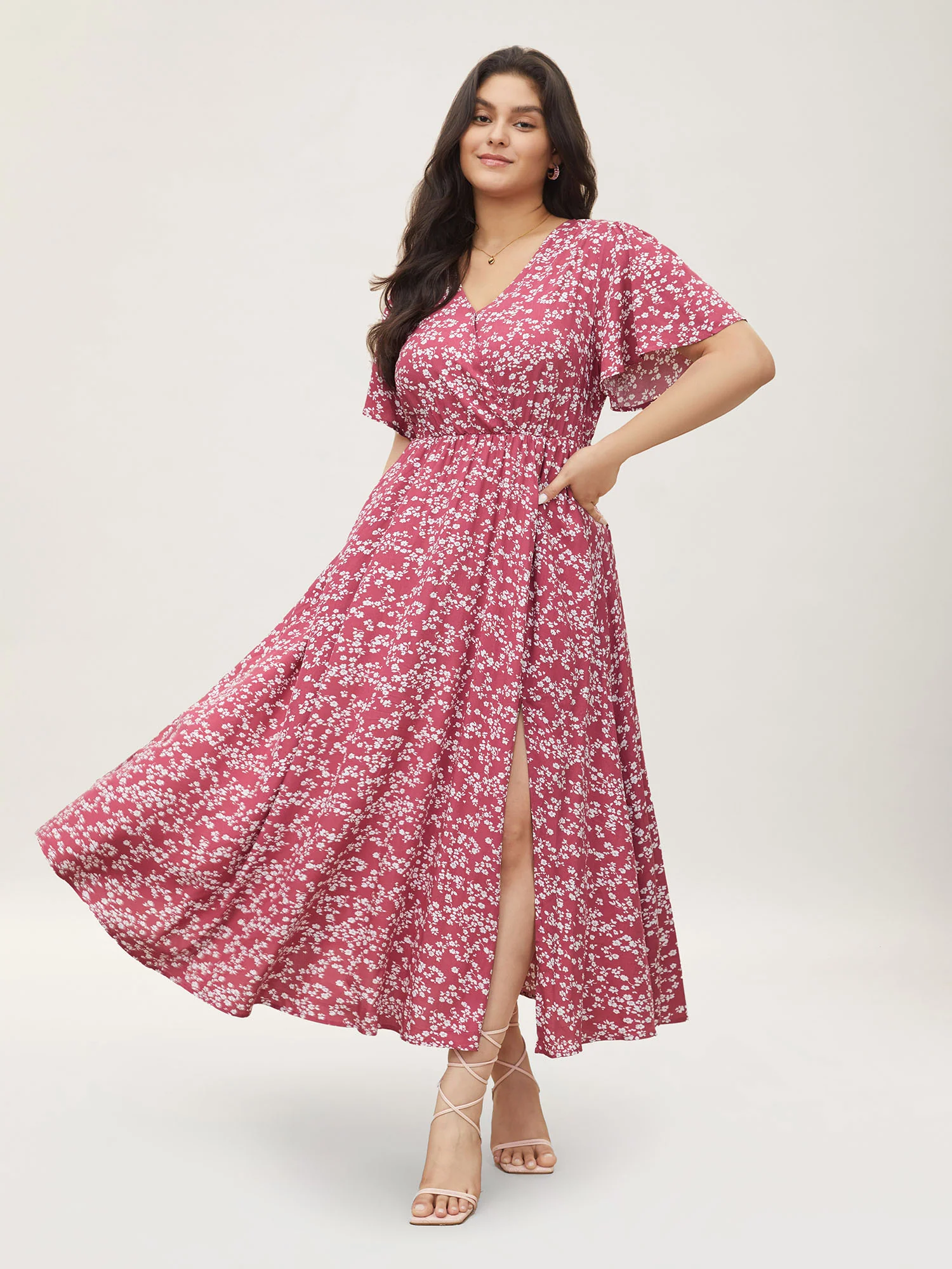 Bloom Dress - Flutter Sleeve Ditsy Floral Pocket Split Maxi Dress - Image 27