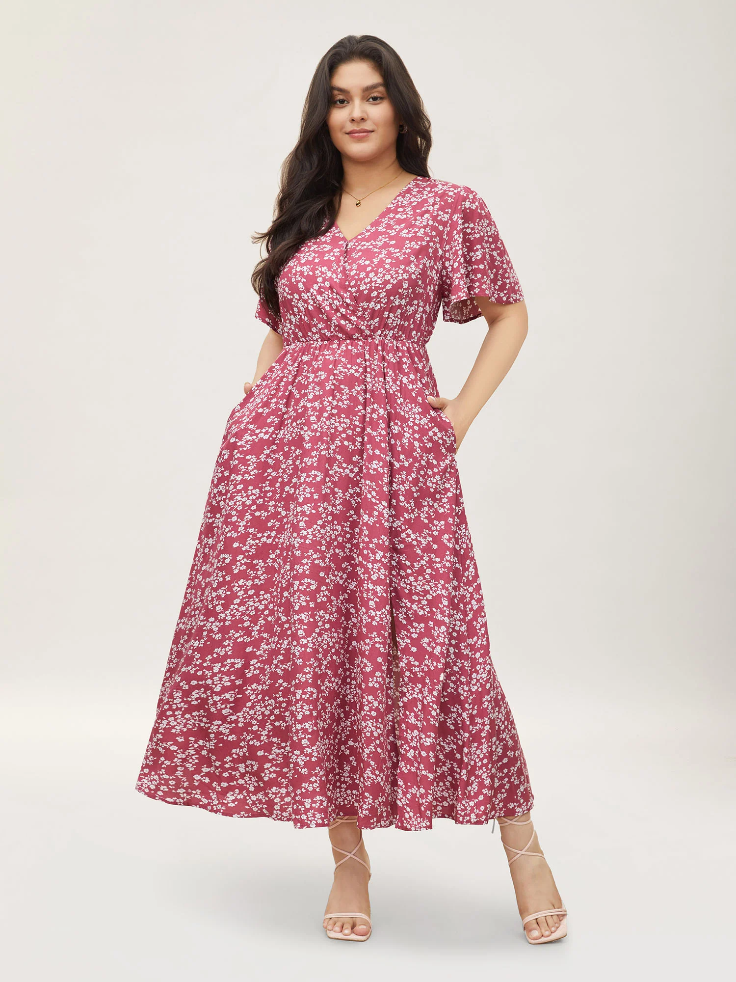 Bloom Dress - Flutter Sleeve Ditsy Floral Pocket Split Maxi Dress - Image 28