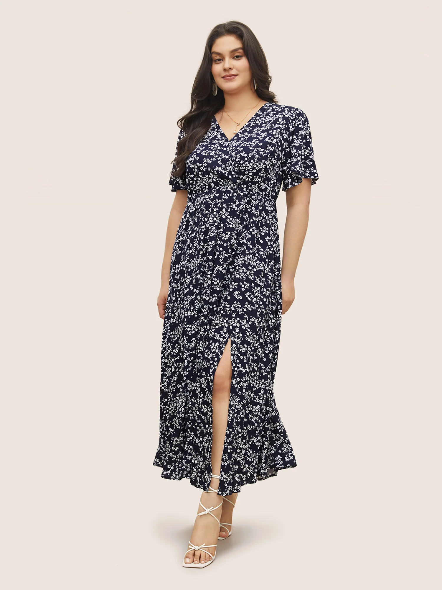 Bloom Dress - Flutter Sleeve Ditsy Floral Pocket Split Maxi Dress - Image 35