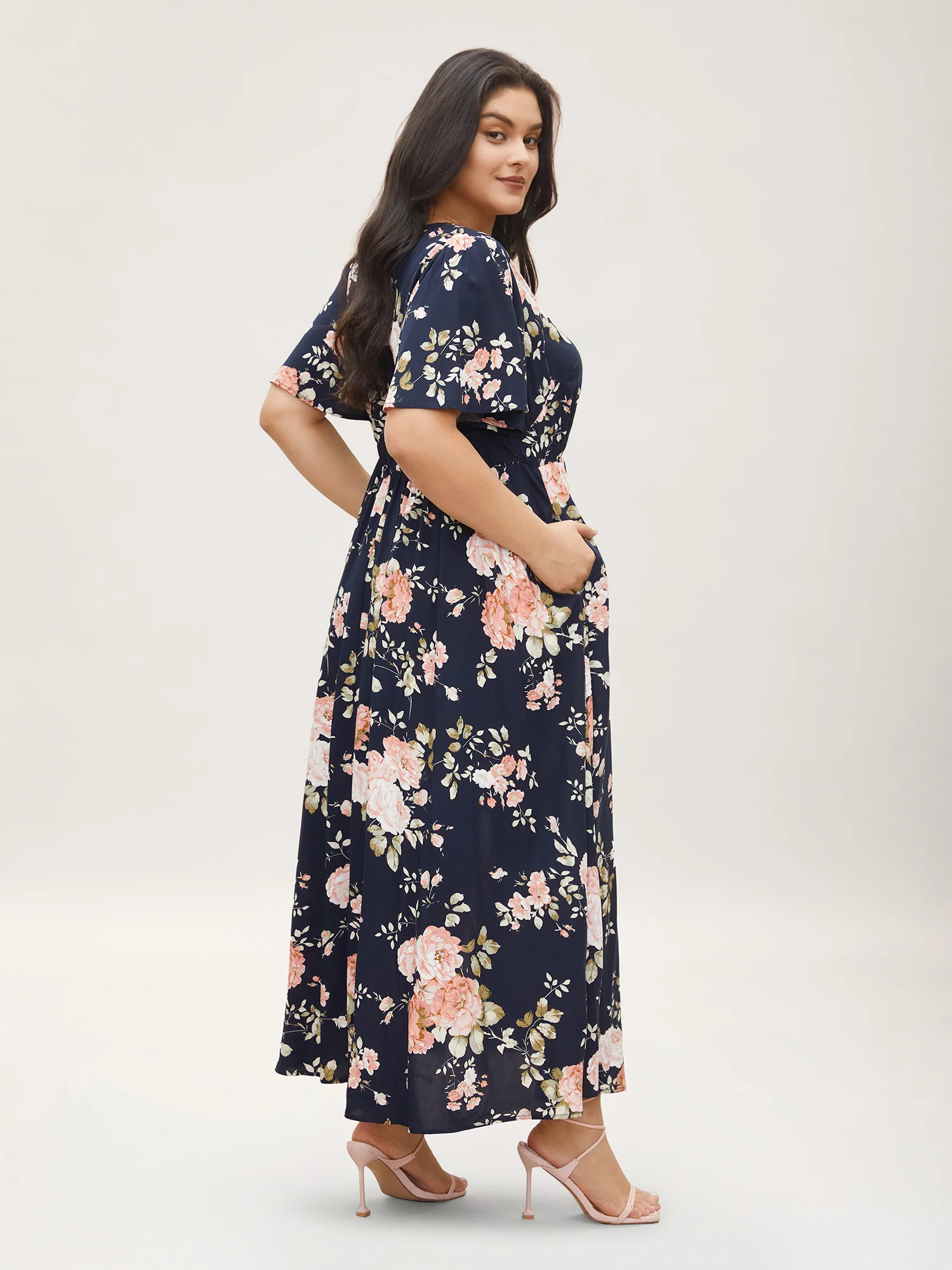 Bloom Dress - Flutter Sleeve Ditsy Floral Pocket Split Maxi Dress - Image 4