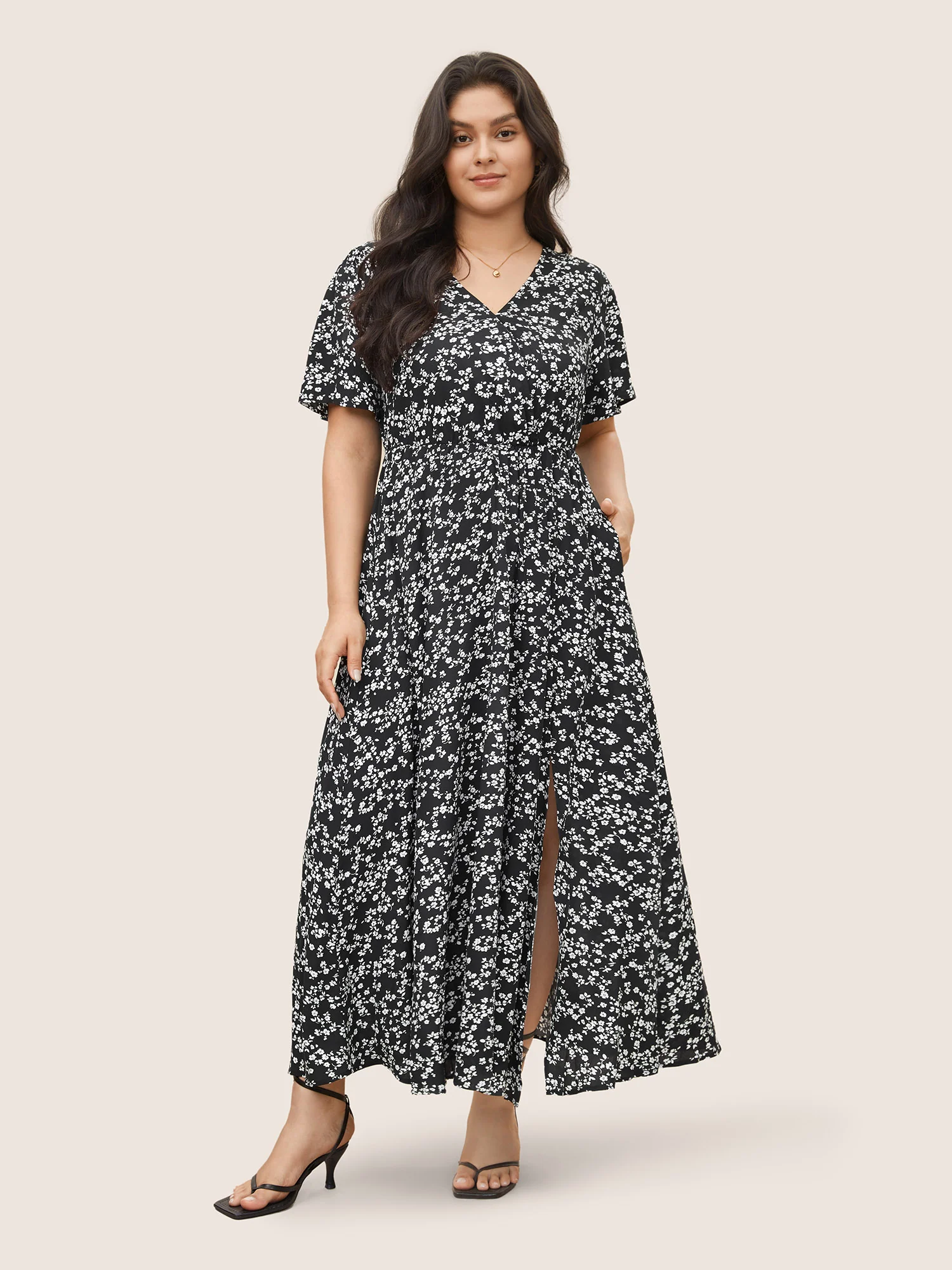 Bloom Dress - Flutter Sleeve Ditsy Floral Pocket Split Maxi Dress - Image 41