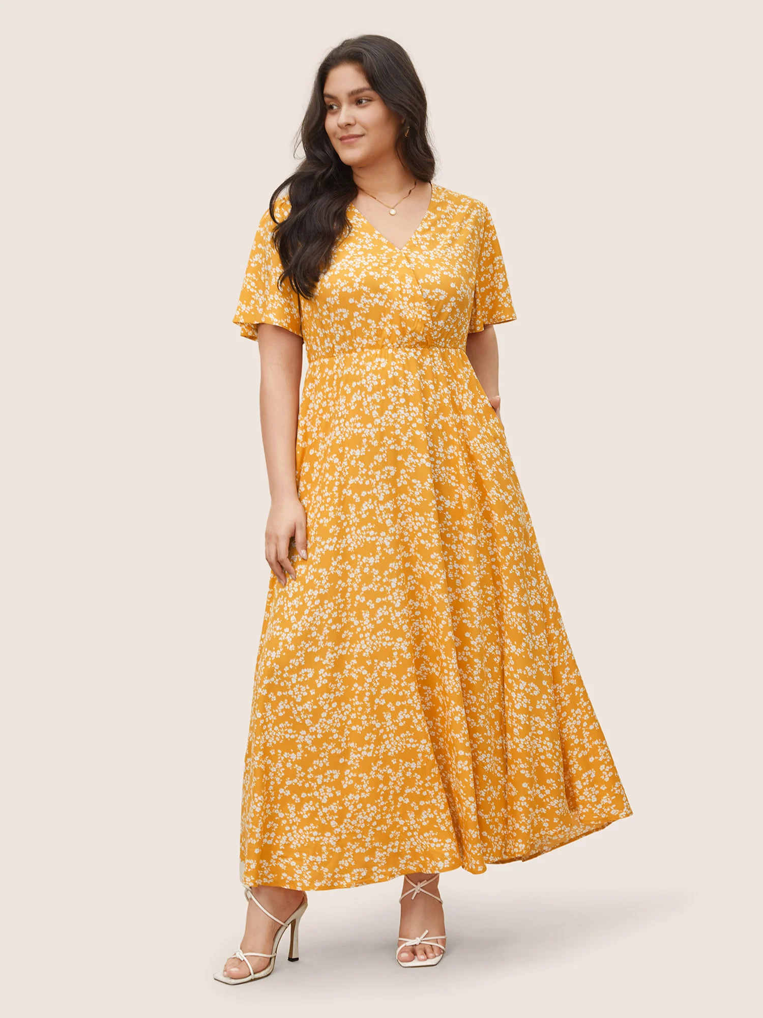 Bloom Dress - Flutter Sleeve Ditsy Floral Pocket Split Maxi Dress - Image 48