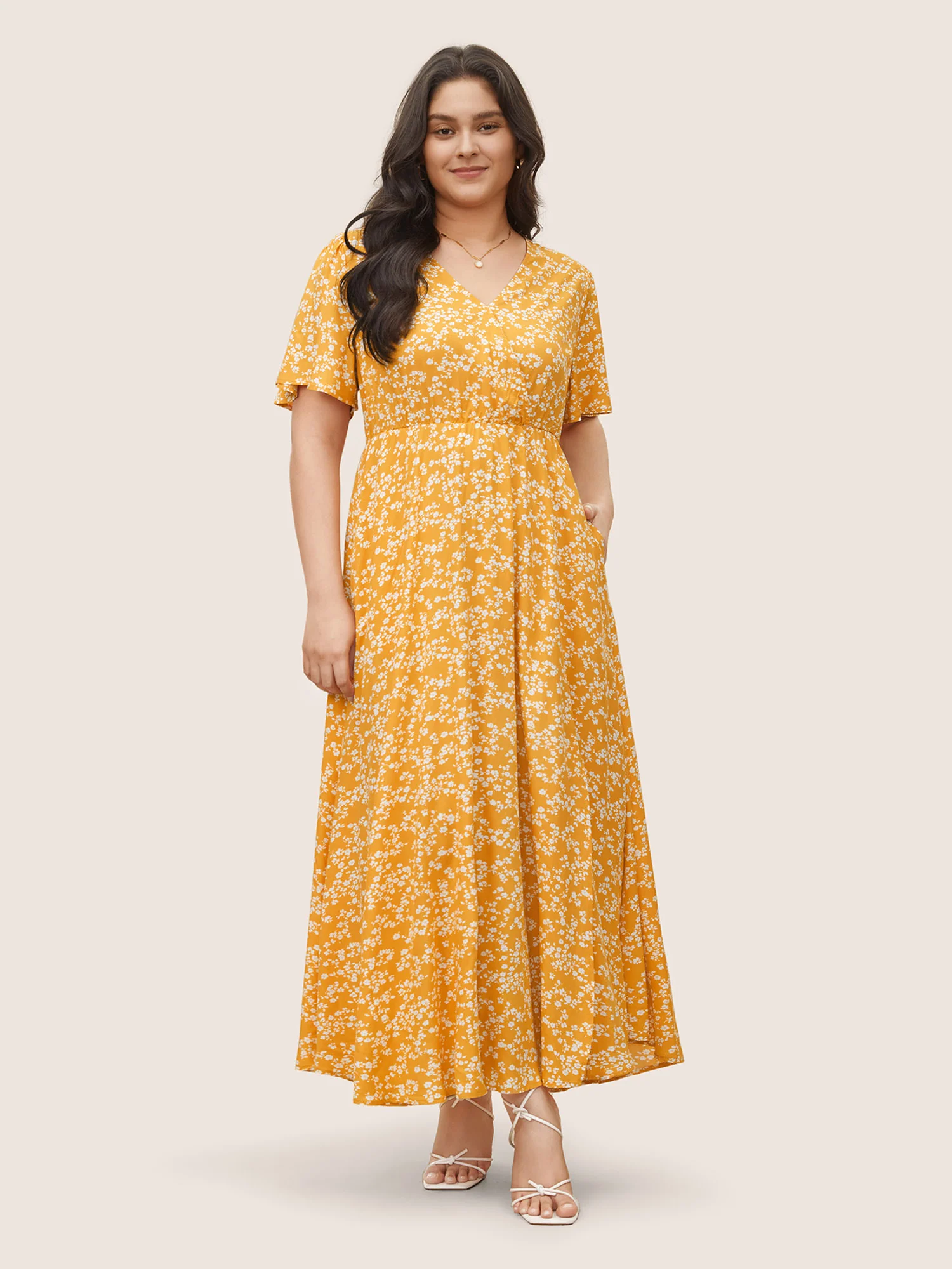 Bloom Dress - Flutter Sleeve Ditsy Floral Pocket Split Maxi Dress - Image 49