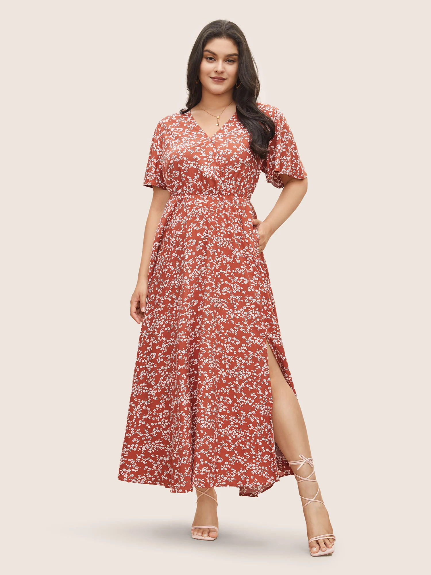 Bloom Dress - Flutter Sleeve Ditsy Floral Pocket Split Maxi Dress - Image 55