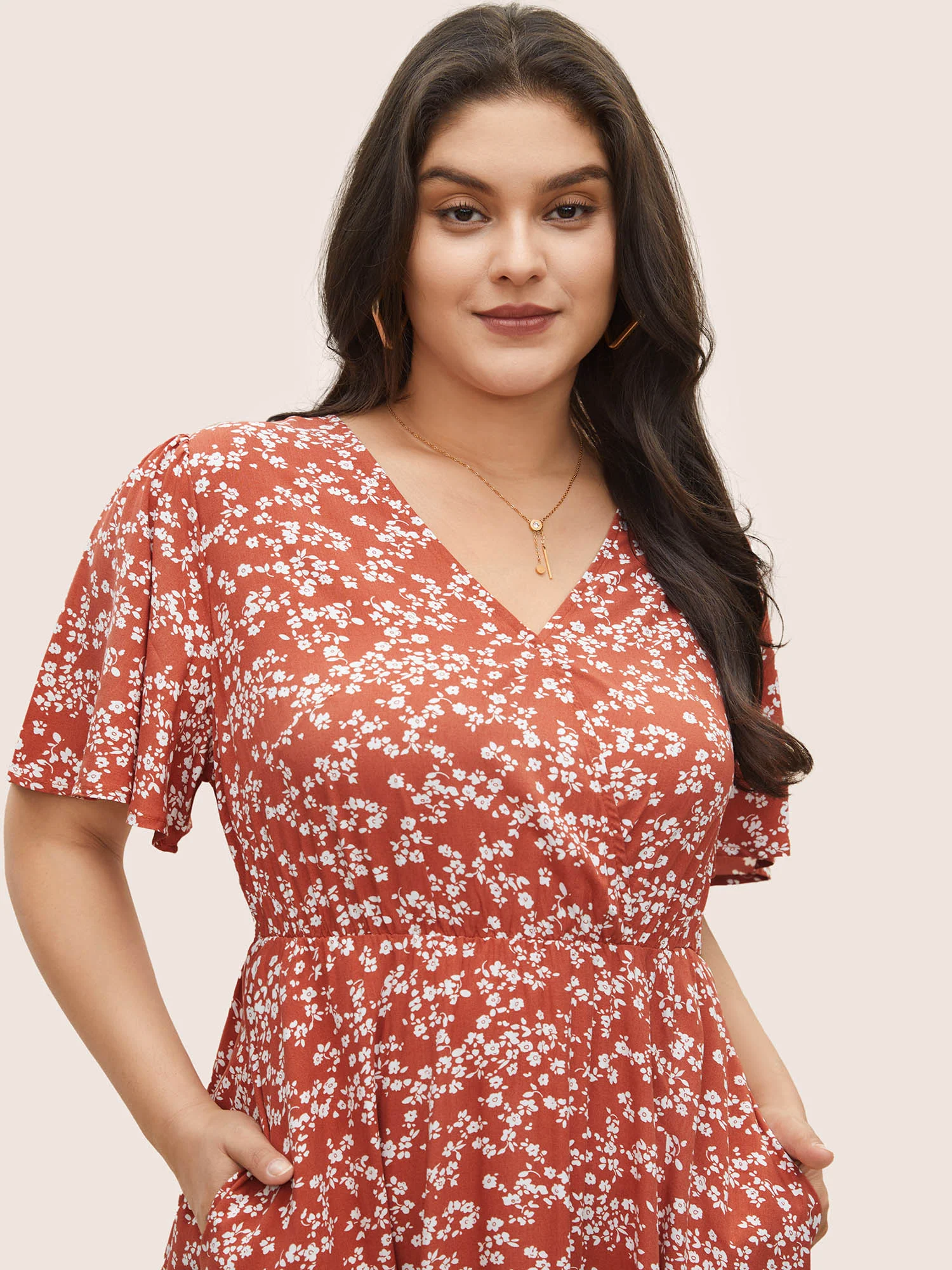 Bloom Dress - Flutter Sleeve Ditsy Floral Pocket Split Maxi Dress - Image 56