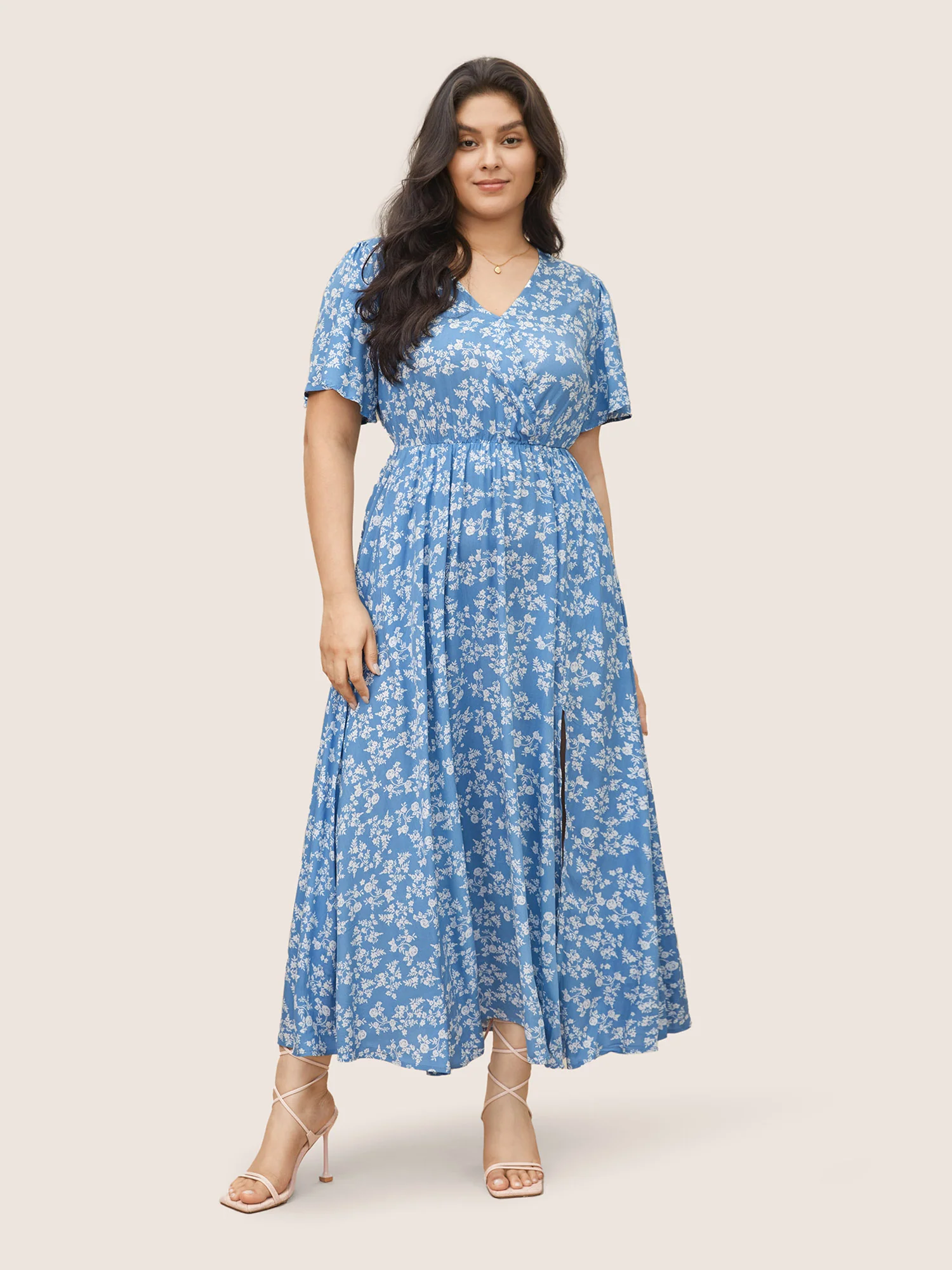 Bloom Dress - Flutter Sleeve Ditsy Floral Pocket Split Maxi Dress - Image 62