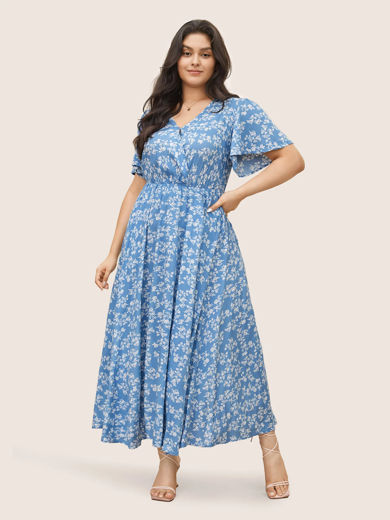 Bloom Dress - Flutter Sleeve Ditsy Floral Pocket Split Maxi Dress - Image 63