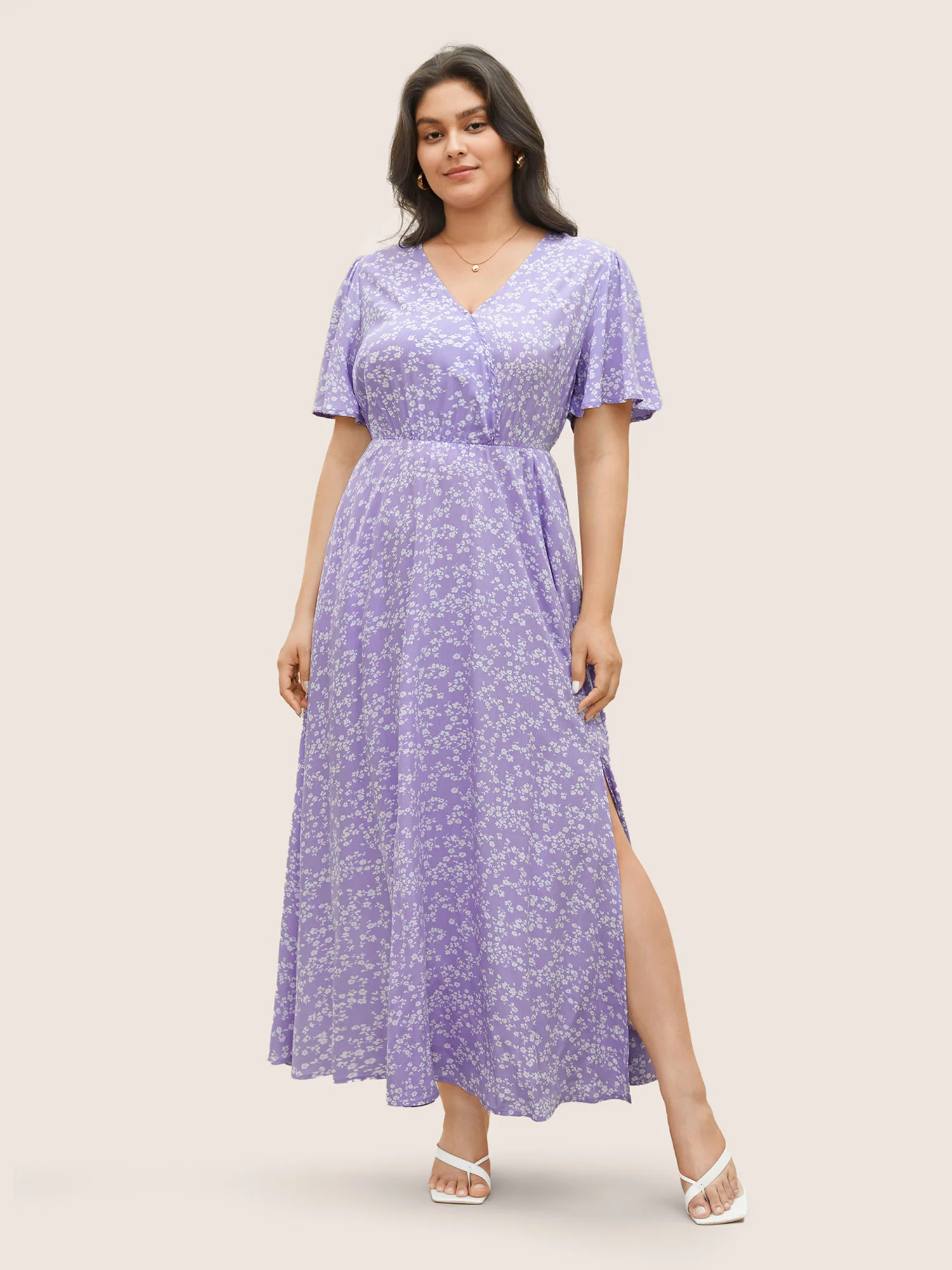 Bloom Dress - Flutter Sleeve Ditsy Floral Pocket Split Maxi Dress - Image 70