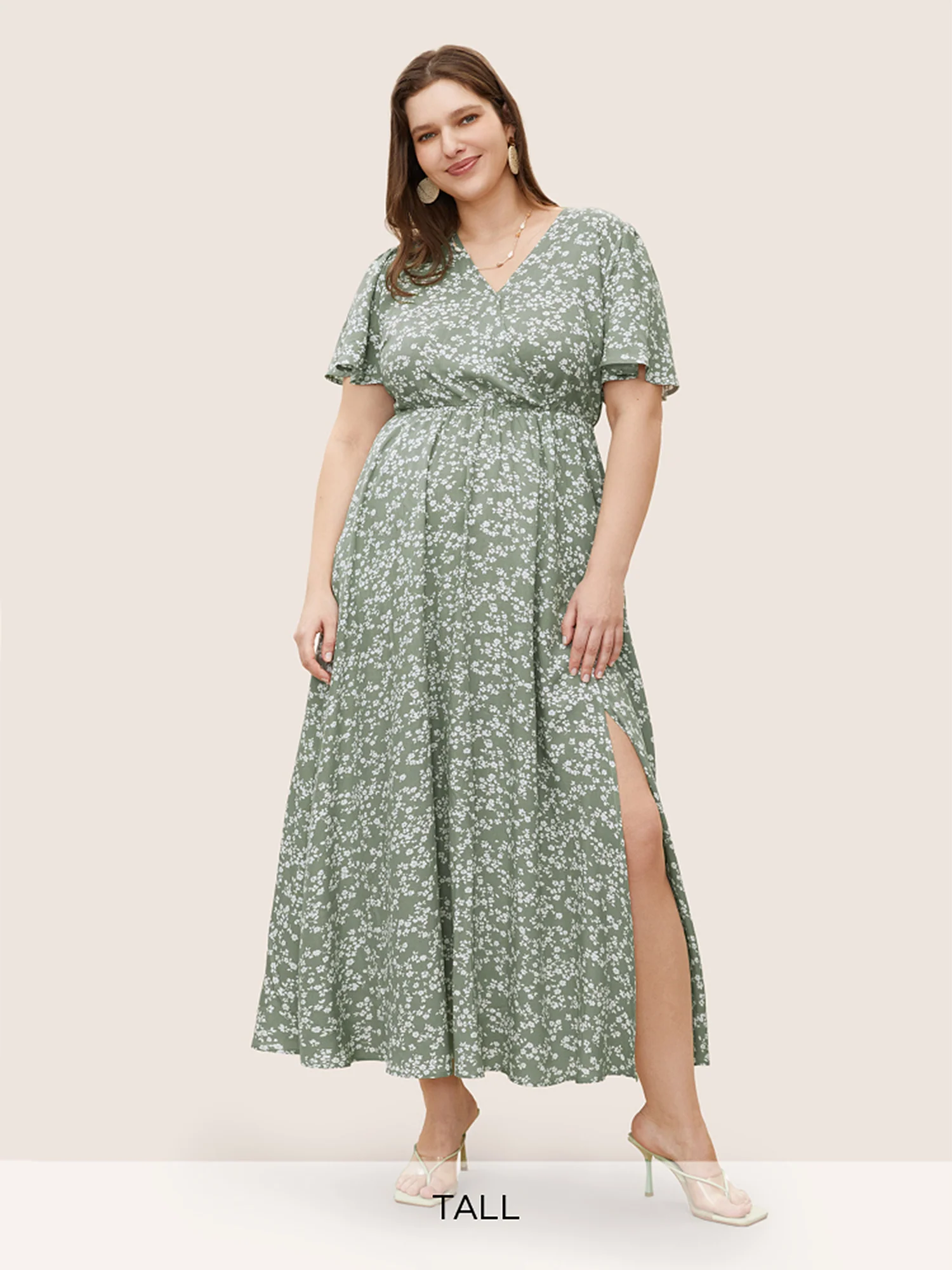 Bloom Dress - Flutter Sleeve Ditsy Floral Pocket Split Maxi Dress - Image 76