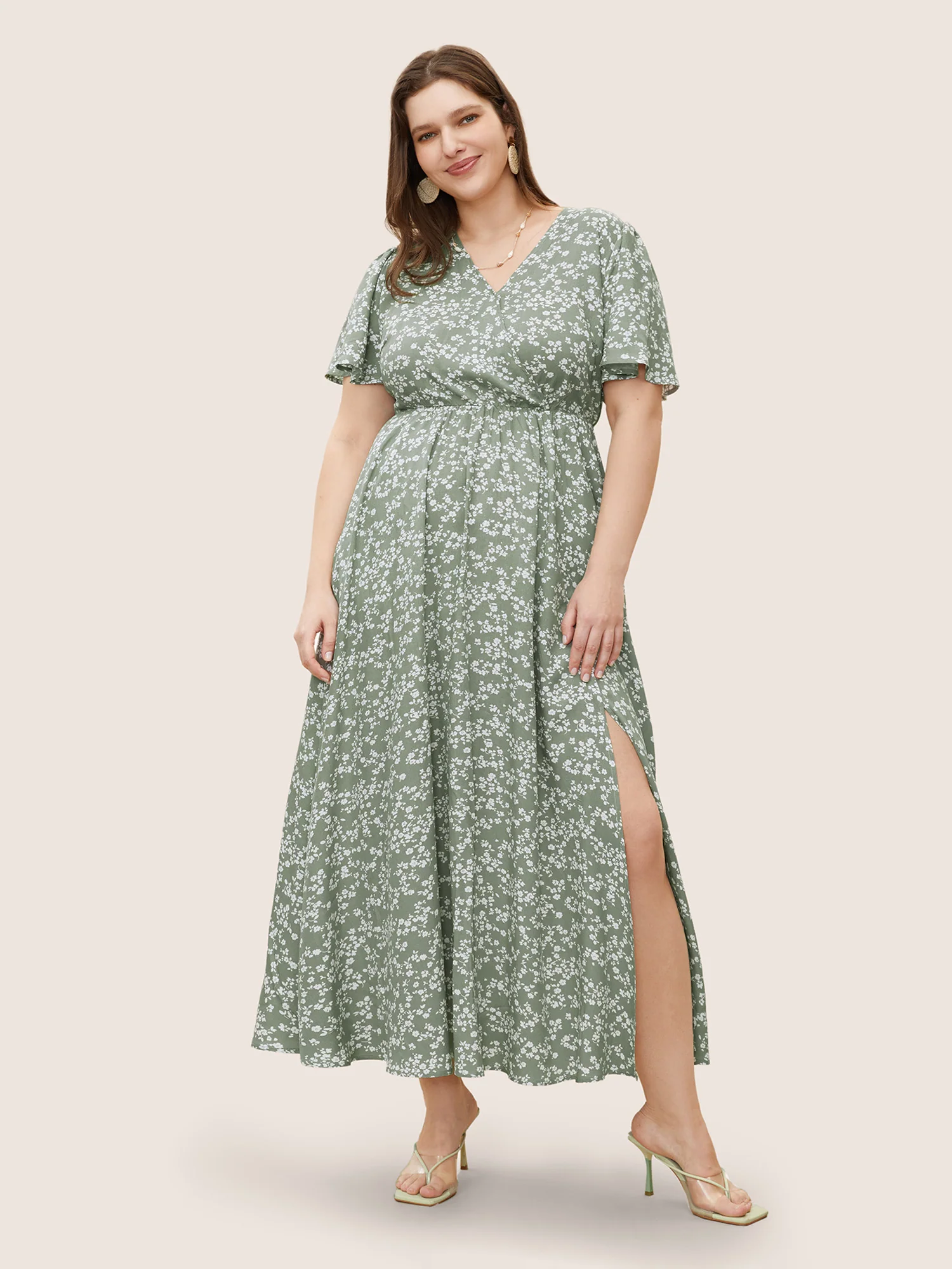 Bloom Dress - Flutter Sleeve Ditsy Floral Pocket Split Maxi Dress - Image 77