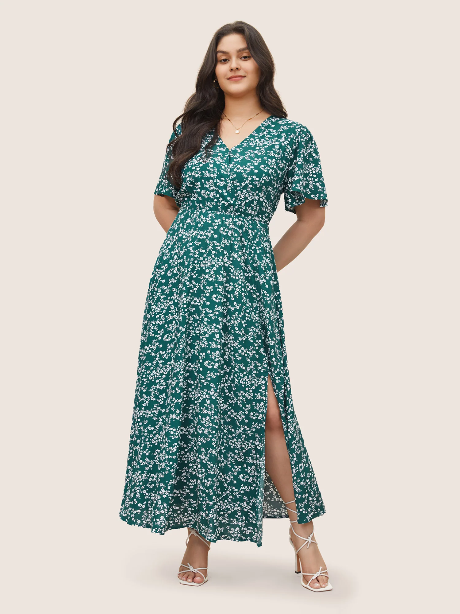 Bloom Dress - Flutter Sleeve Ditsy Floral Pocket Split Maxi Dress - Image 8