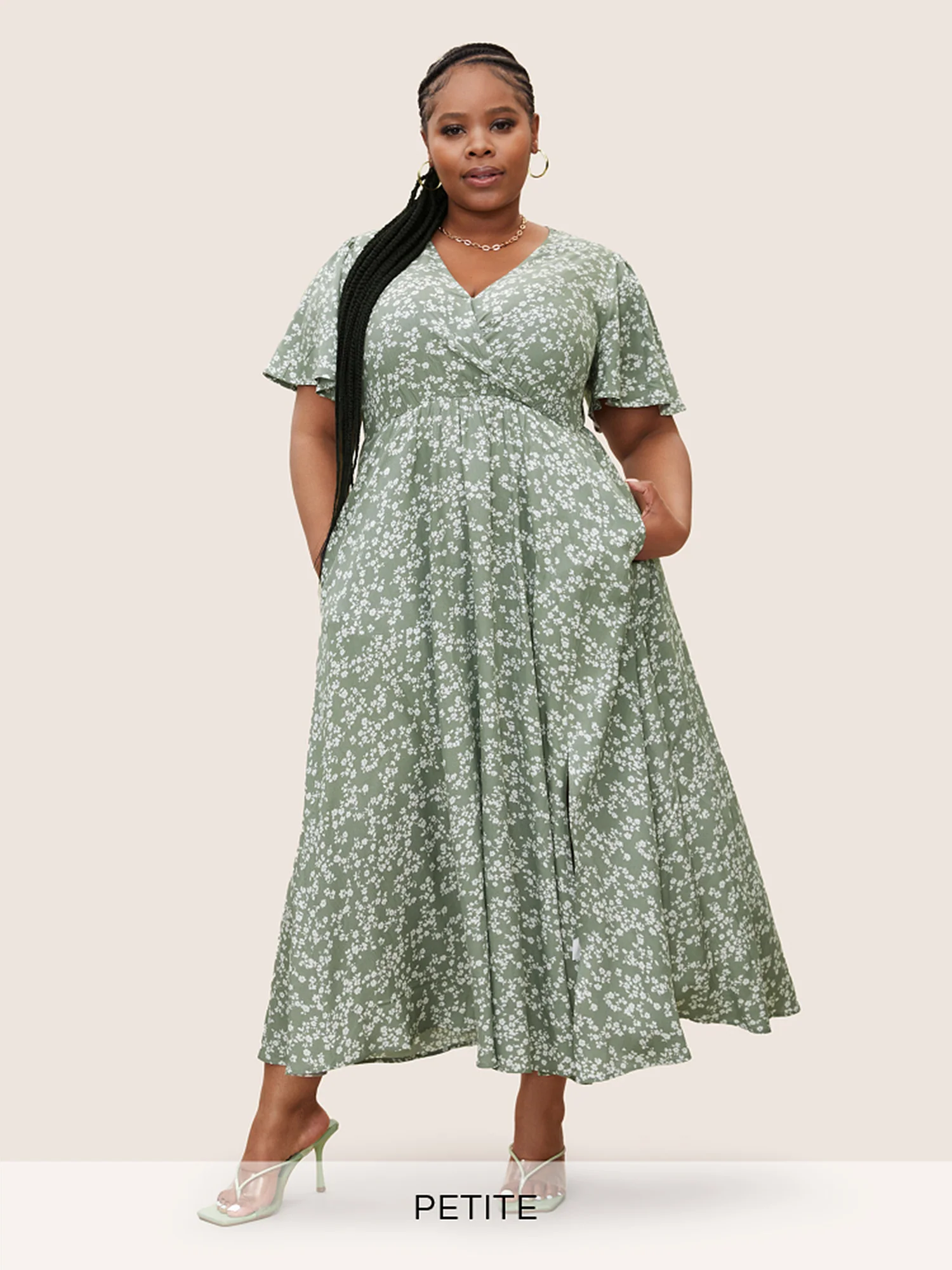Bloom Dress - Flutter Sleeve Ditsy Floral Pocket Split Maxi Dress - Image 82