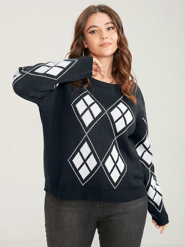 Geometric Contrast Pointelle Knit Round Neck Knit Top - Image 4