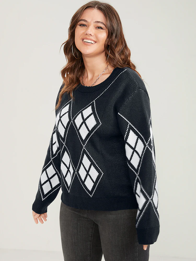 Geometric Contrast Pointelle Knit Round Neck Knit Top - Image 5