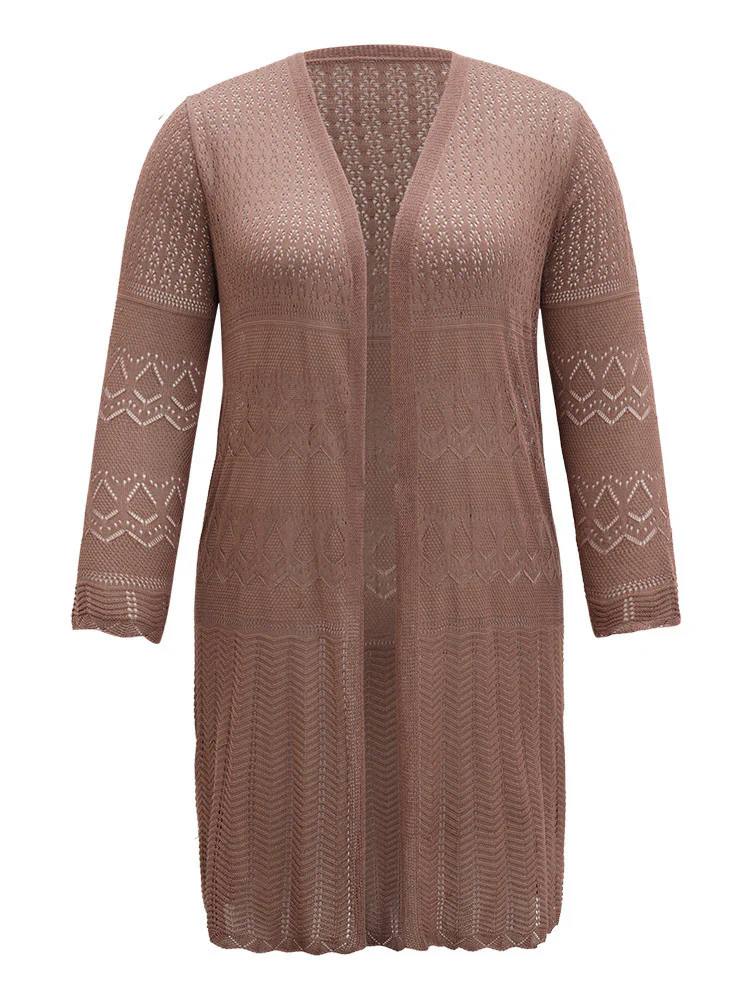 Geometric Eyelet Open Front Maxi Cardigan - Image 10