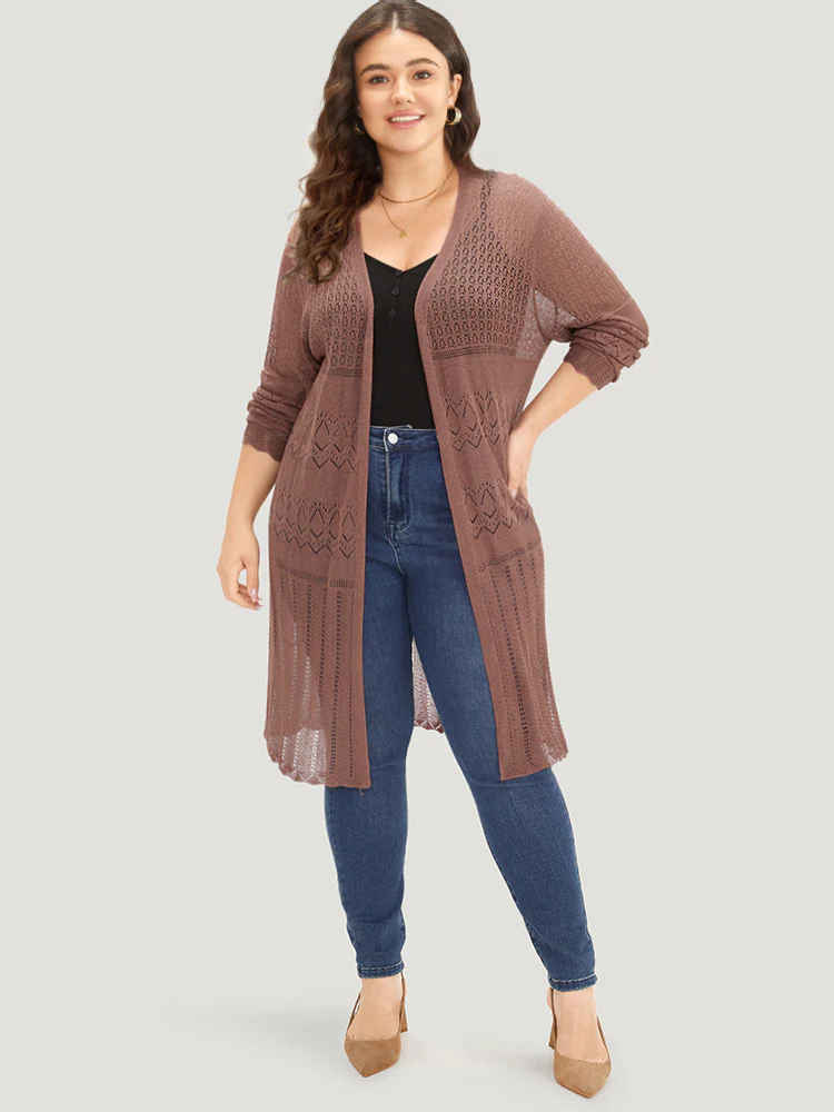 Geometric Eyelet Open Front Maxi Cardigan - Image 3