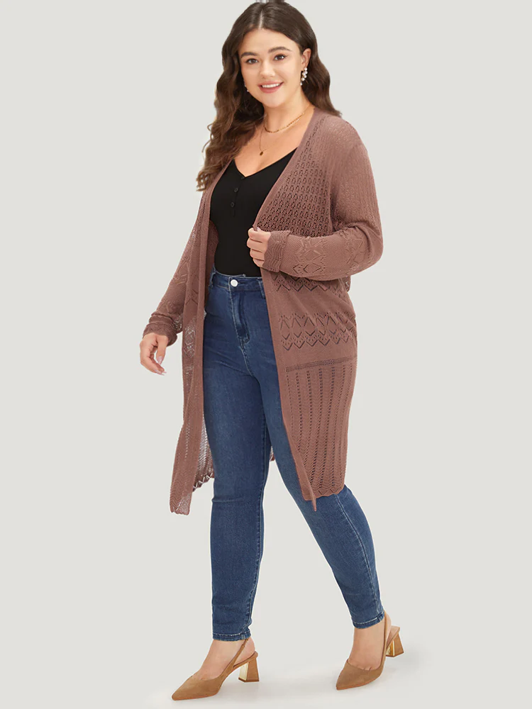 Geometric Eyelet Open Front Maxi Cardigan - Image 4