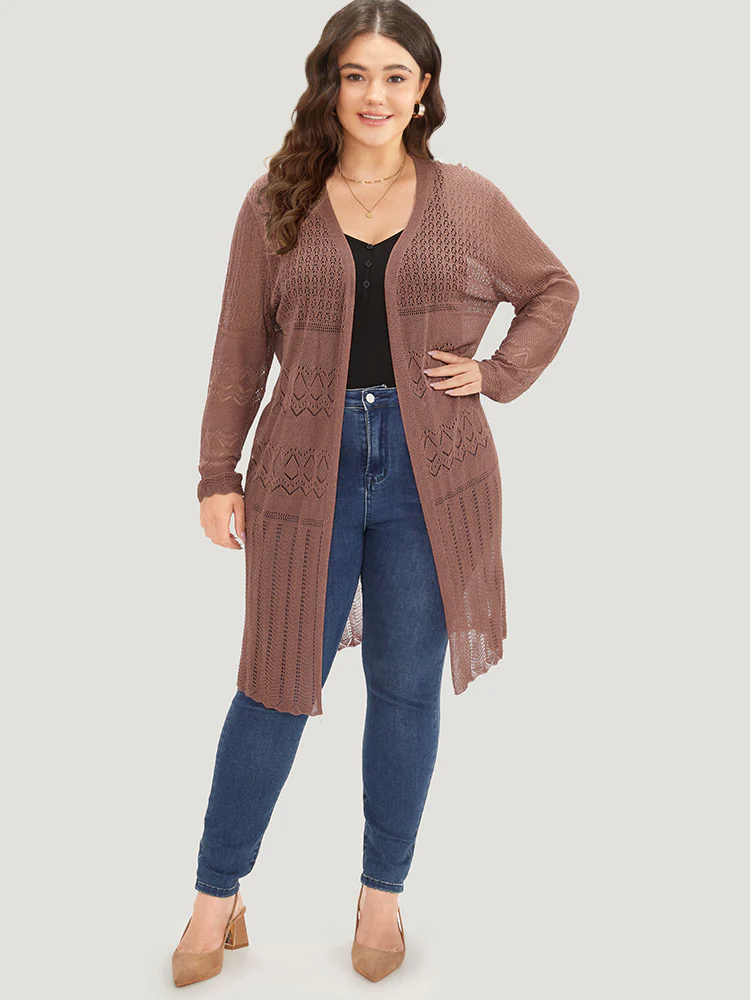 Geometric Eyelet Open Front Maxi Cardigan - Image 5