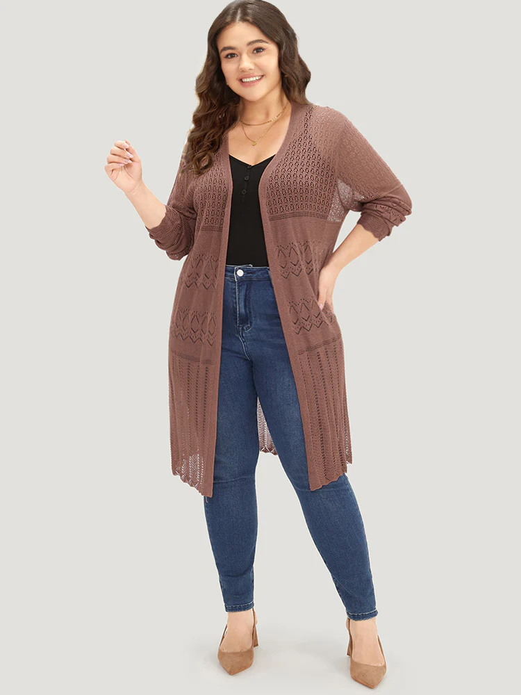 Geometric Eyelet Open Front Maxi Cardigan - Image 6