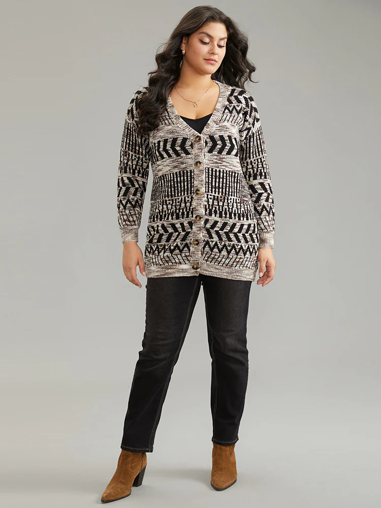 Geometric Heather Button Up Elastic Cuffs Cardigan - Image 4