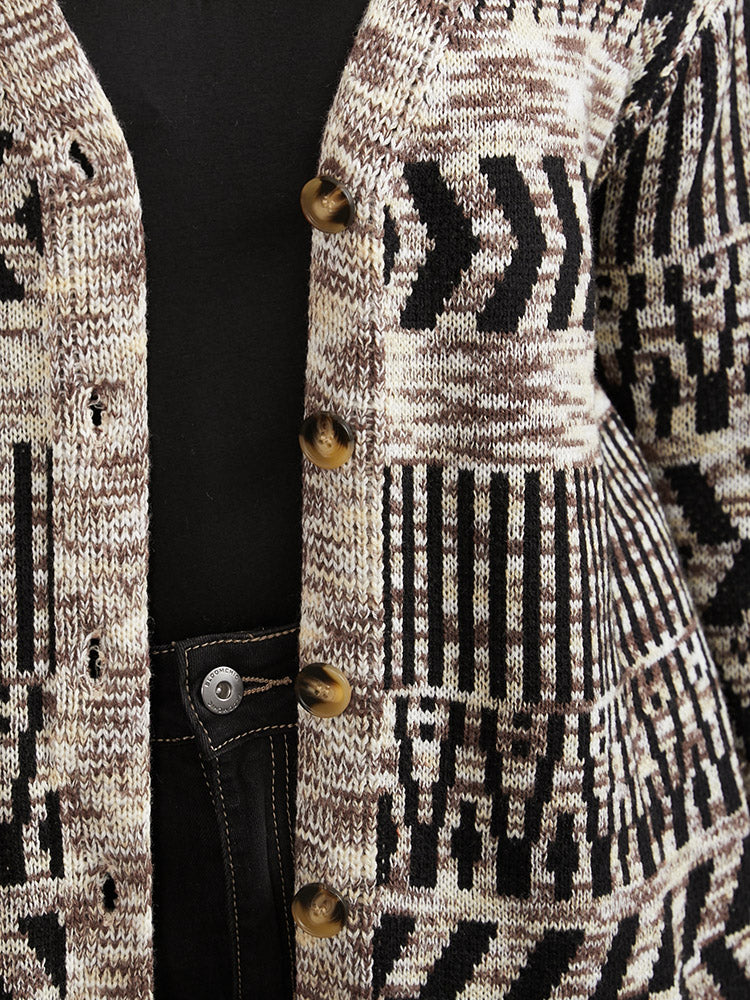 Geometric Heather Button Up Elastic Cuffs Cardigan - Image 5