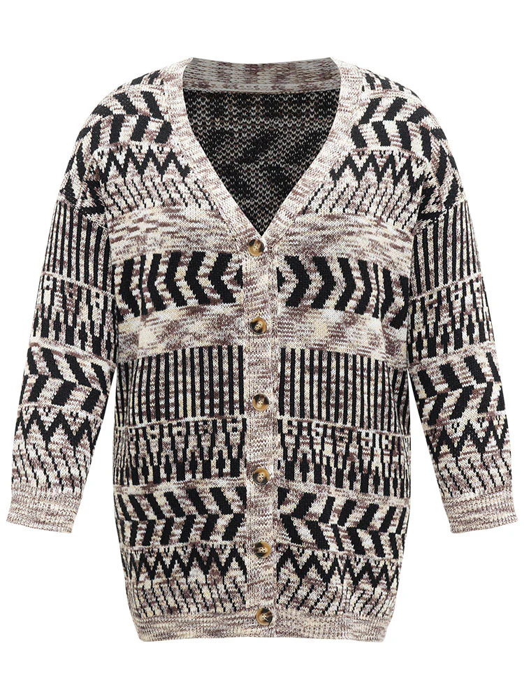 Geometric Heather Button Up Elastic Cuffs Cardigan - Image 6