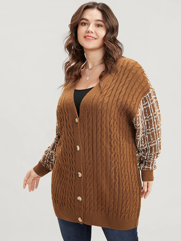 Gingham Contrast Soft Sexy Yarn Knit Cable Knit Button Front Cardigan - Image 3