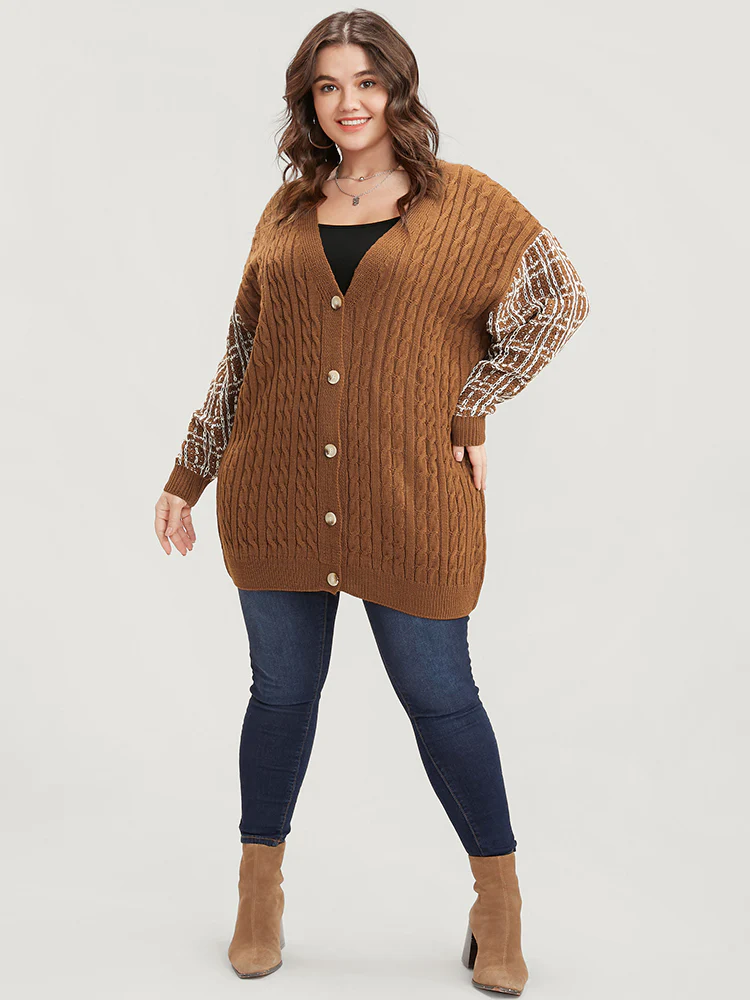 Gingham Contrast Soft Sexy Yarn Knit Cable Knit Button Front Cardigan - Image 4