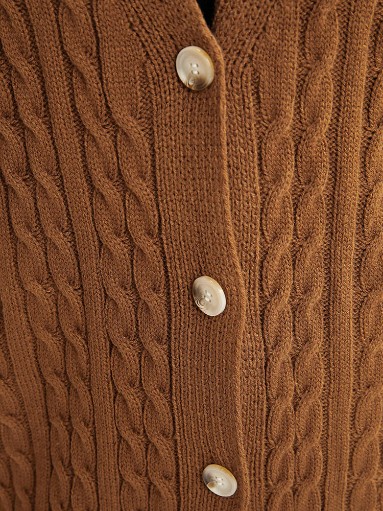 Gingham Contrast Soft Sexy Yarn Knit Cable Knit Button Front Cardigan - Image 7