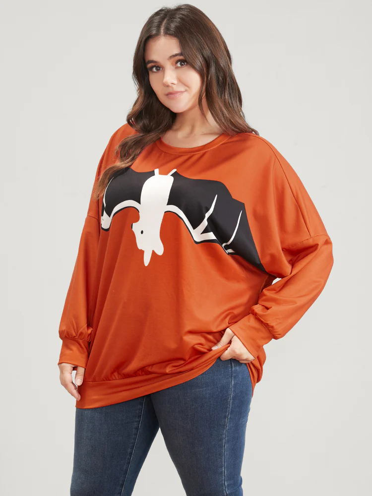 Halloween Bat Print Round Neck Drop Shoulder Sweatshirt - Image 3