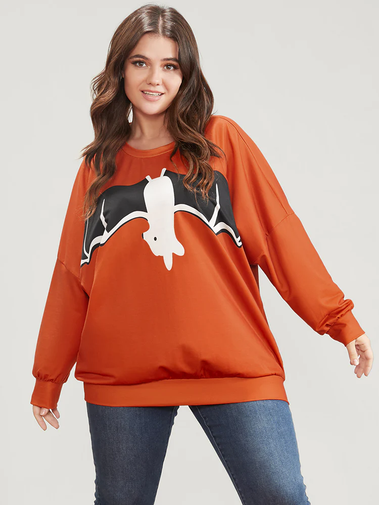Halloween Bat Print Round Neck Drop Shoulder Sweatshirt - Image 4