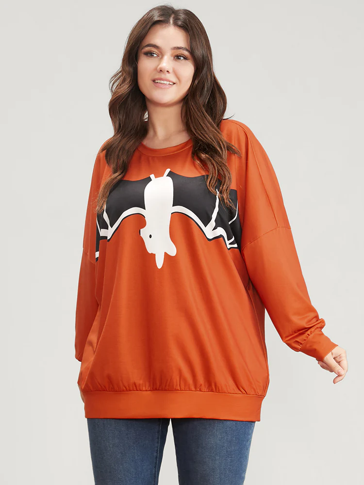 Halloween Bat Print Round Neck Drop Shoulder Sweatshirt - Image 5