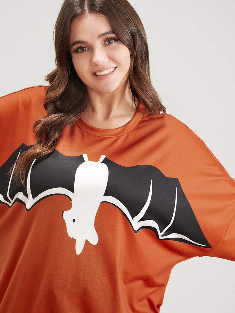 Halloween Bat Print Round Neck Drop Shoulder Sweatshirt - Image 7