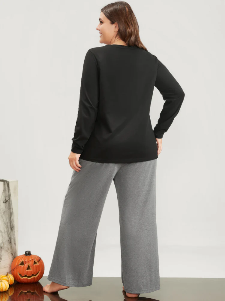 Halloween Bat Print Round Neck Pajama Set - Image 3