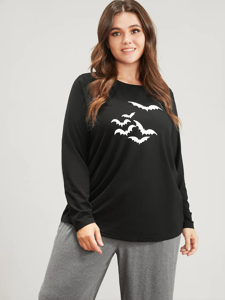 Halloween Bat Print Round Neck Pajama Set - Image 6