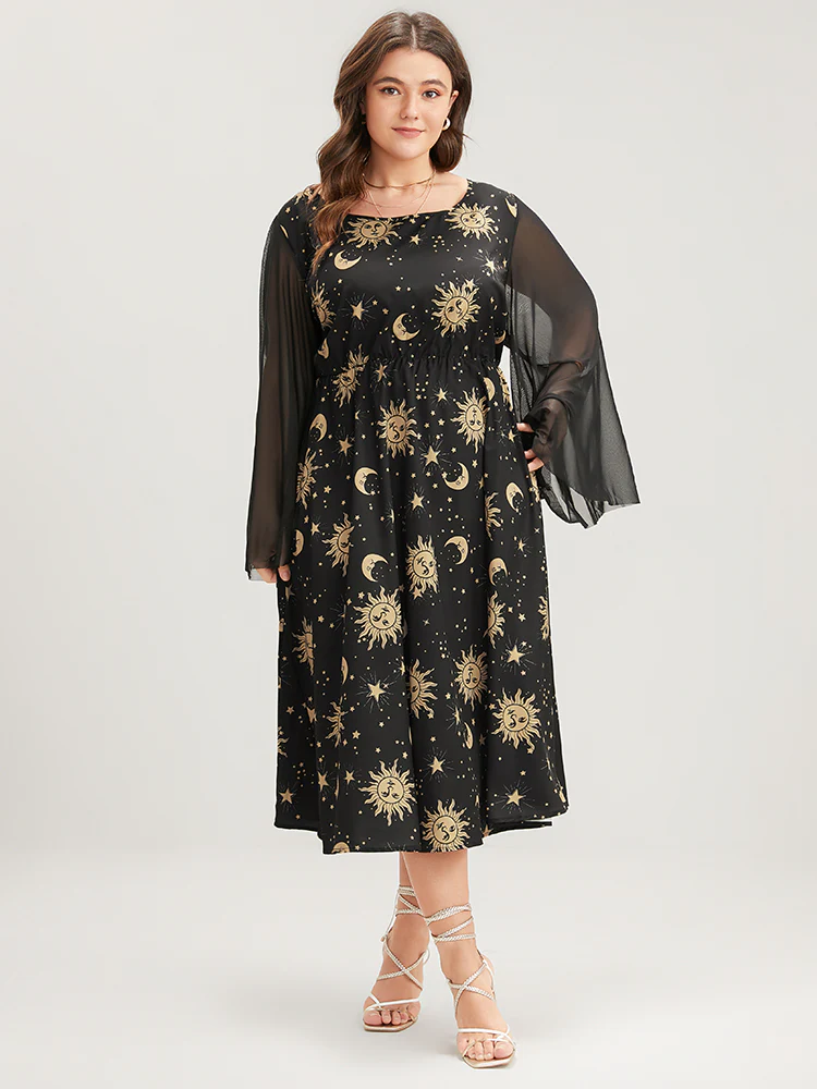 Halloween Moon And Star Bell Sleeve Pocket Crew Neck Midi Dress - Image 3