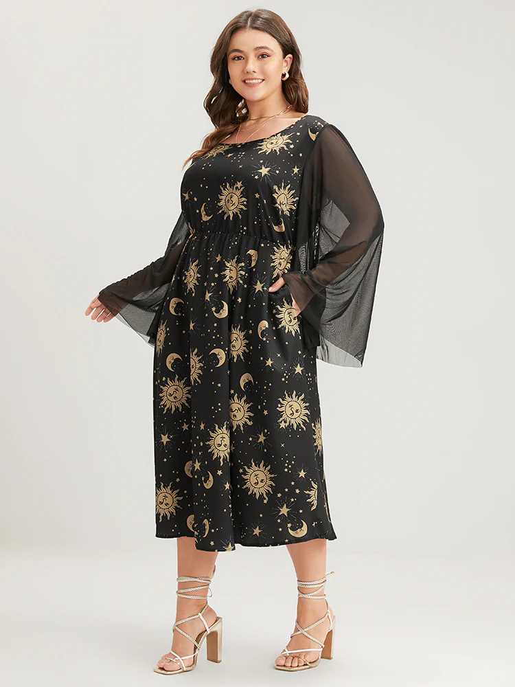 Halloween Moon And Star Bell Sleeve Pocket Crew Neck Midi Dress - Image 4