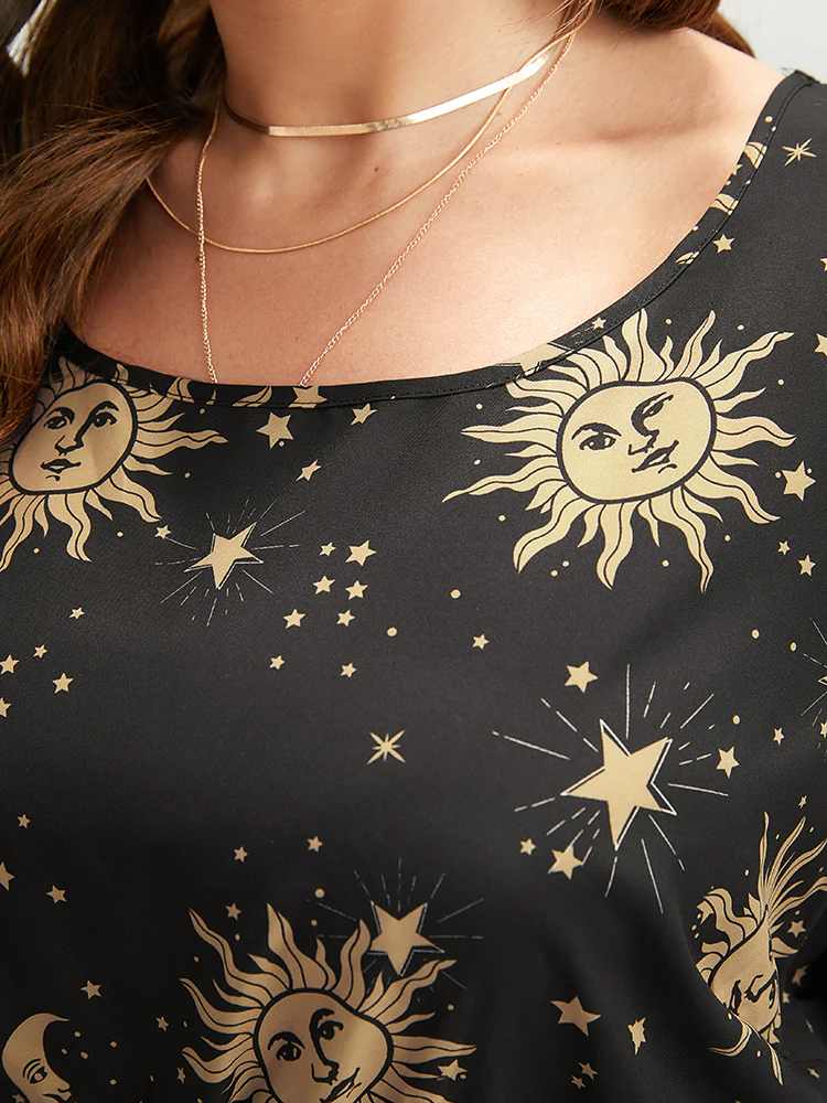 Halloween Moon And Star Bell Sleeve Pocket Crew Neck Midi Dress - Image 6