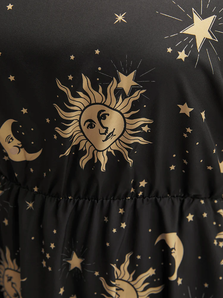 Halloween Moon And Star Bell Sleeve Pocket Crew Neck Midi Dress - Image 8